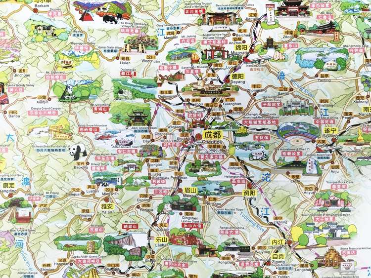 Sichuan kort sichuan turistkort sichuan provins kinesisk og engelsk håndtegnet turistkort