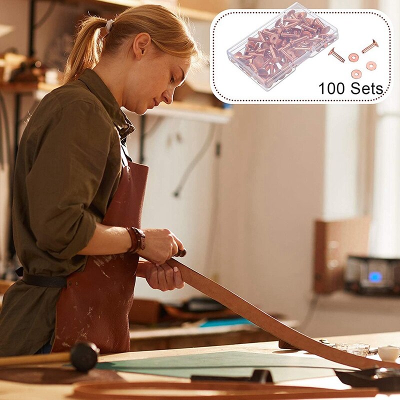 100 Sets Copper Rivets And Burrs Washers Leather Copper Rivet Fastener For Belts Wallets Collars Leather 5/8 Inch