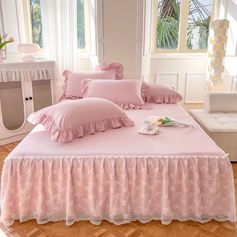 Kanten bedrok en kussensloop, bedomslag, bedsprei, laken, antislip, beschermend, beige, prinses, 3 stuks: 200x220cm / Oranje