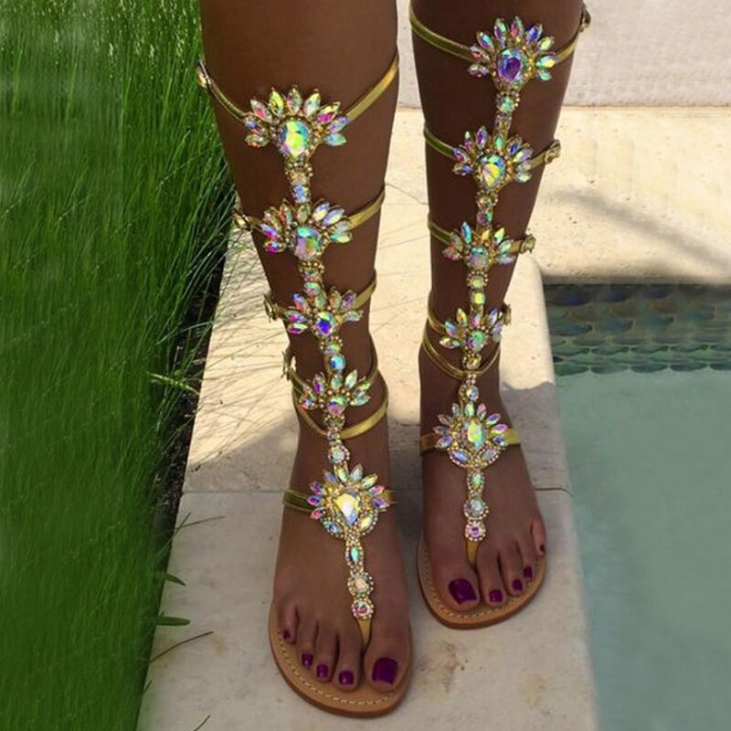 Sommer Wohnungen Sandale Gladiator Gold Strass Kniehohe Schnalle Frau Stiefel Kristall Strand Schuhe Plus größe 43