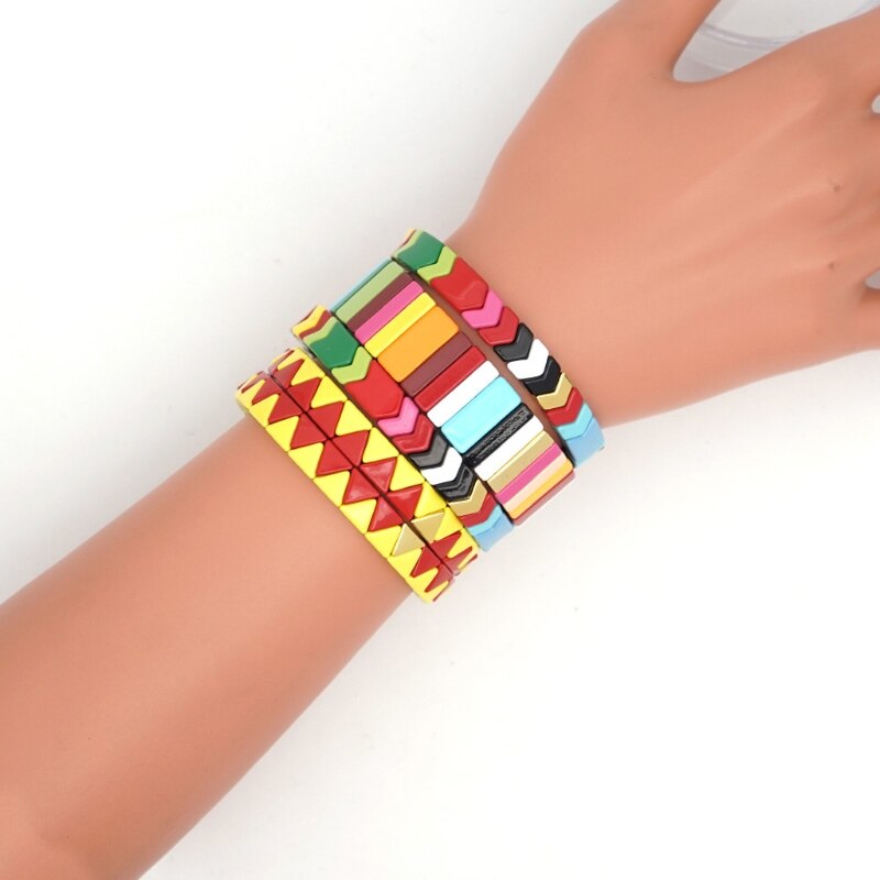 Boheemse elastische stretch kleurrijke tegel emaille rechthoekige armband stapelbare emaille regenboog bedel bangle armband sieraden