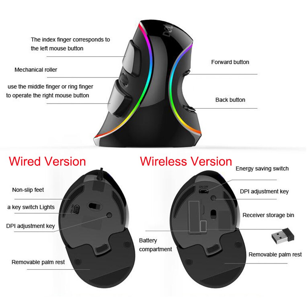 Delux M618 Plus RGB Wired Vertical Mouse Ergonomic USB 4000 DPI Optical Wrist Rest Wireless Game Mice For PC Desktop Laptop