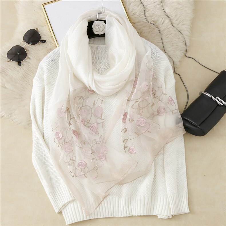 Real Silk and Wool Women Scarf Floral Embroidery Lady Headband Scarves Pashmina Shawl Wraps Bandana Hijab Big Size Beach: 5