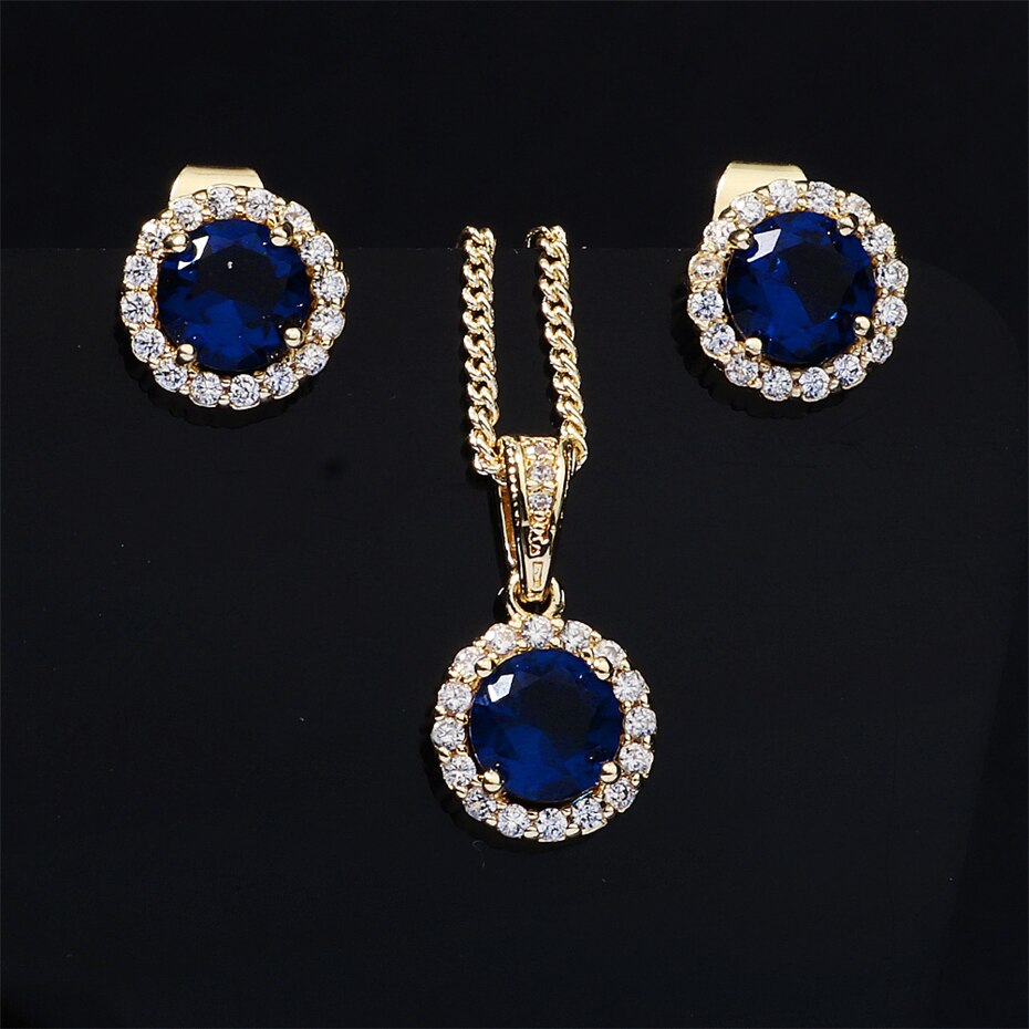 Efily Zirconia Sieraden Set Bruid Accessoires Bruiloft Crystal Ketting Bridal Stud Oorbellen Vrouwen Sieraden Bruidsmeisje: Gold and Blue