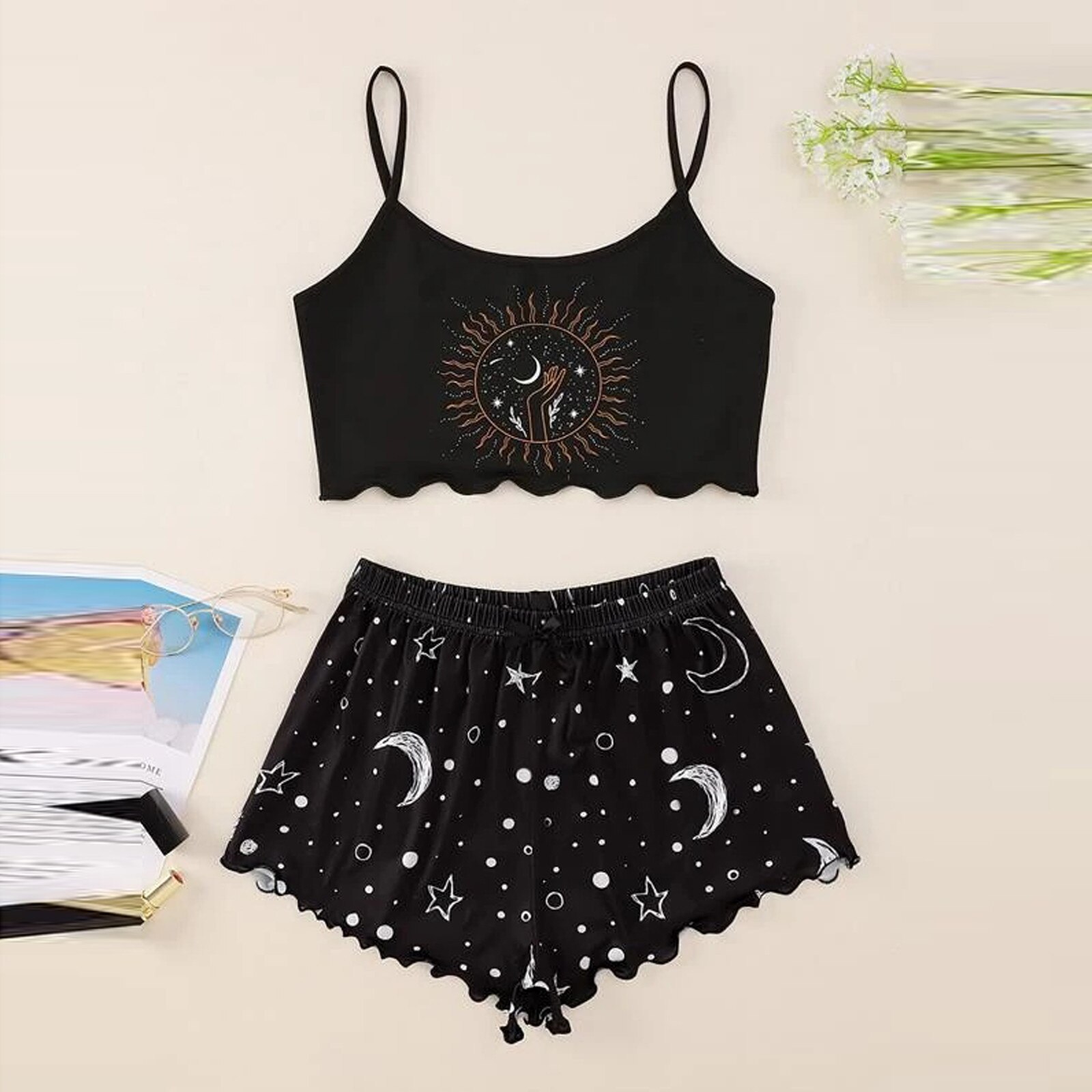 Pijama con estampado de sol y luna para mujer, ropa de dormir informal para la familia, pantalones cortos con tirantes, 40x40