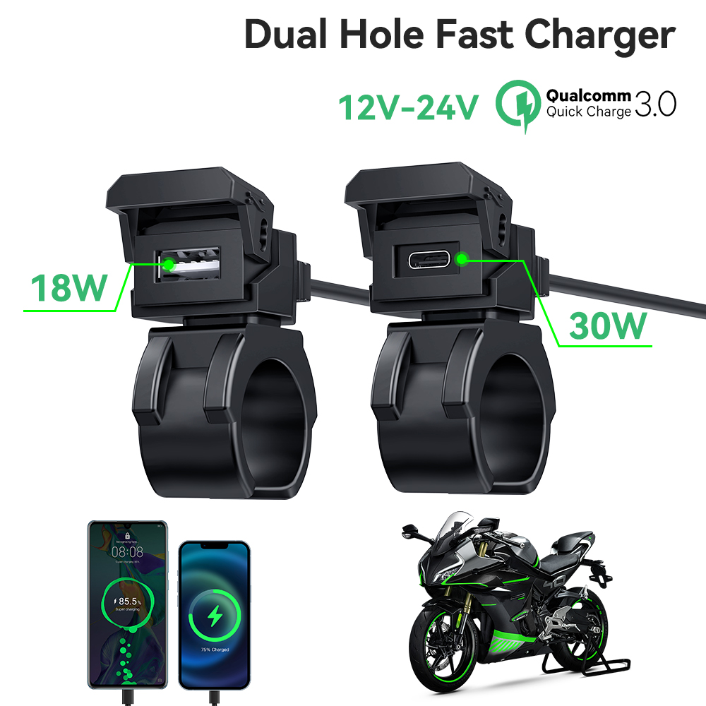 Extractme QC3.0 Motorcycle USB Charger 12V Waterproof Socket Handlebar Cell Quick Charger Adapter with Voltmeter Motor Accessory: Blue