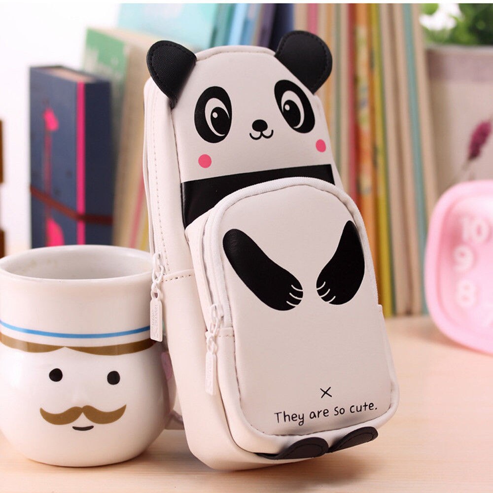 Multifunctional Pencil Case 2 Pockets Funny Panda Pencil Bags Large Capacity PU Student School Supplies