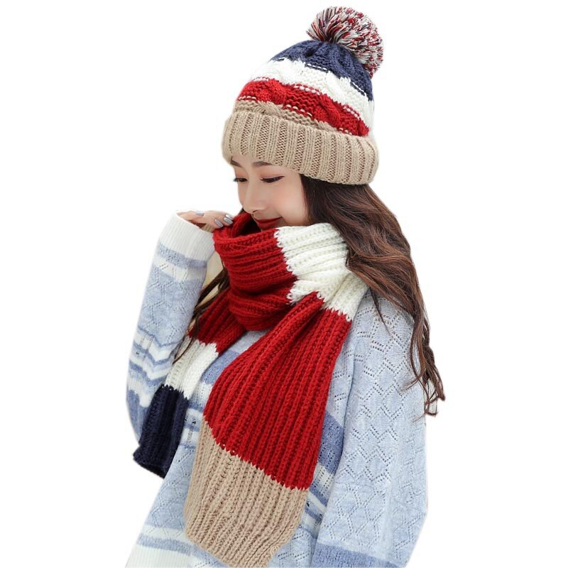 Dame hue og tørklæde handsker sæt tre stykker til kvinder kitted uld vinter hatte til piger tyk varm pom hat tørklæde handske sæt