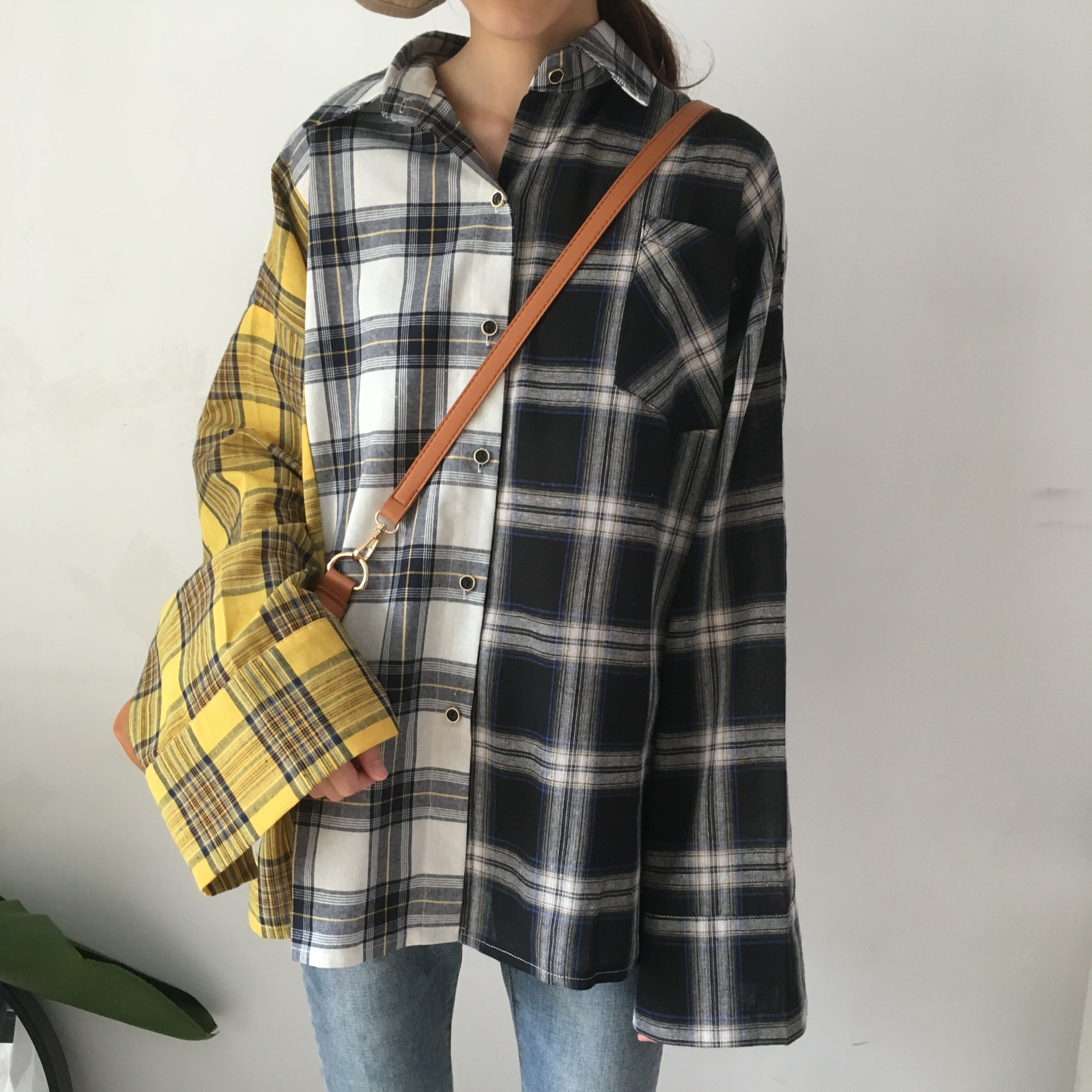 Chemise à carreaux femmes Bangtan garçons SUGA Blouse corée grande taille décontracté printemps automne épissure chemises