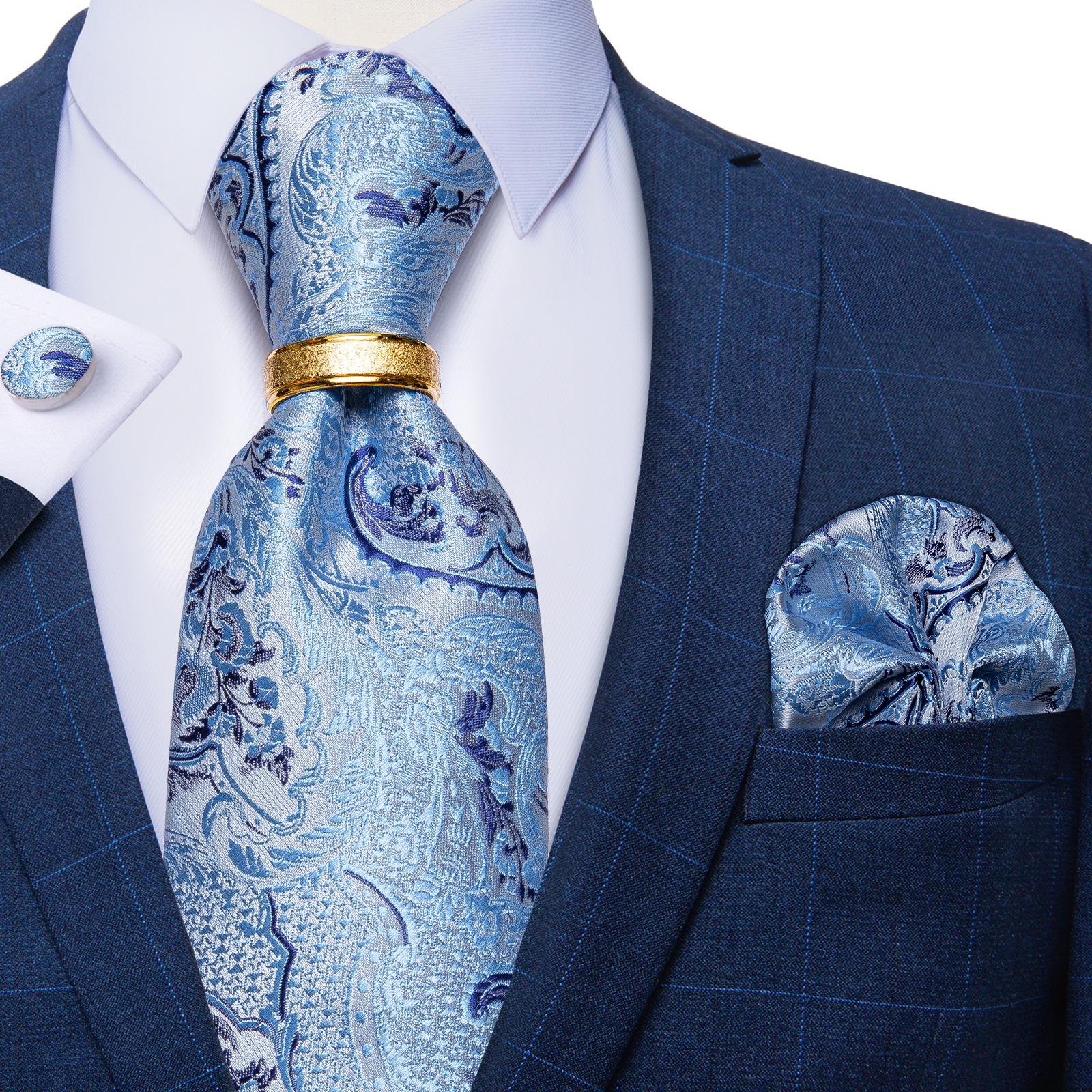 Corbata para hombre con anillo de Metal de Color dorado, conjunto de corbata de 8cm a la , pañuelo, gemelos, accesorios para de boda y negocios, para hombre: Azul cielo