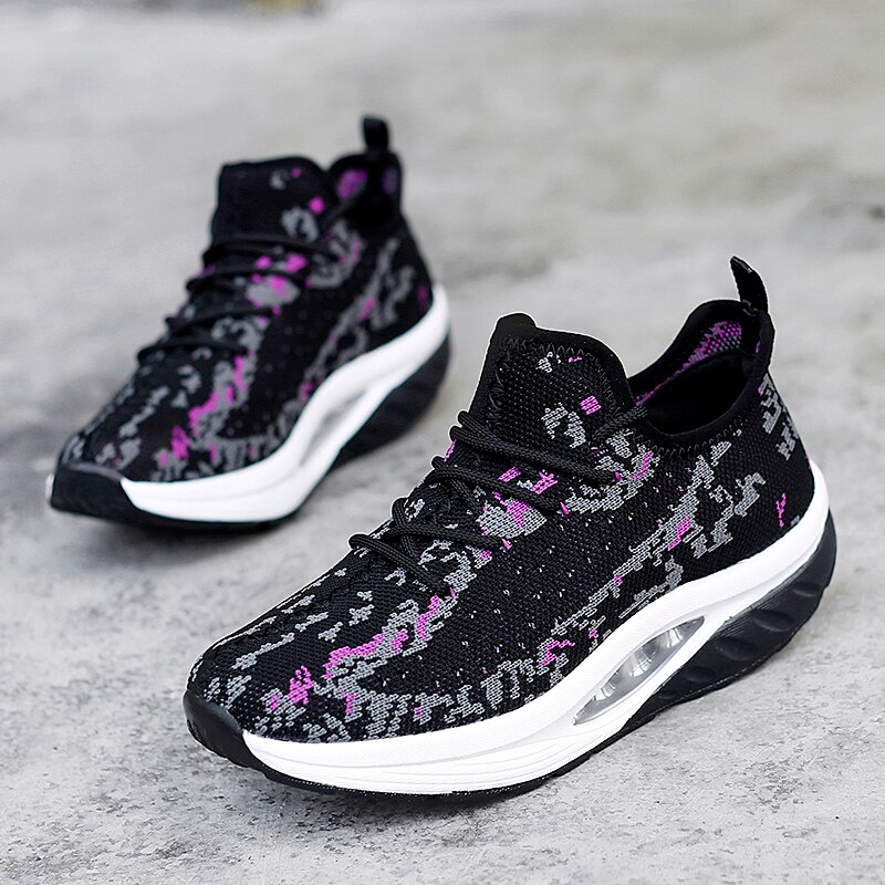 Zapatos deportivos de para mujer, zapatillas de suela gruesa, zapatos de plataforma de tejido volador, zapatillas tonificadoras de cuña, zapatos de balanceo transpirables