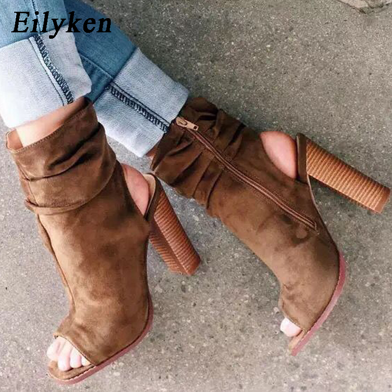 Eilyken lente/herfst rome laarzen sandalen vierkante hak 10cm dames rits enkelband hakken peep toe laarzen maat 35-40
