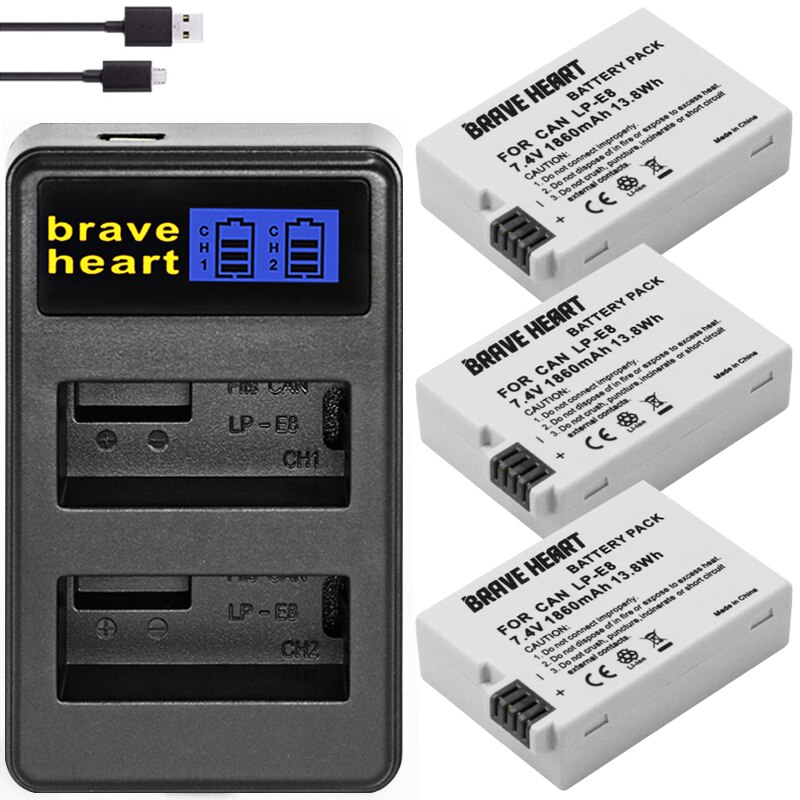 Batería para cámara Canon EOS 550D 600D 650D 700D Kiss X4 X5 X6i X7i Rebel T2i T3i T4i T5i, LP-E8 de 1860mah, 2 piezas: charger and 3battery