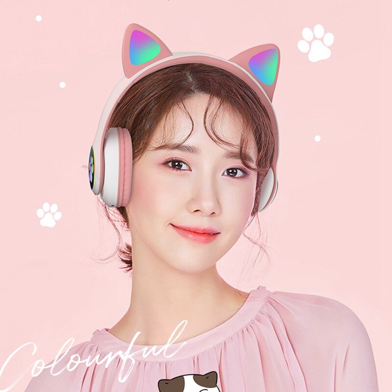 Glowing Light Cute Cat Bluetooth Kid Headphone with Mic Can Close LED Girls Music Bass Helmet Phone Tablet Wireless Headset