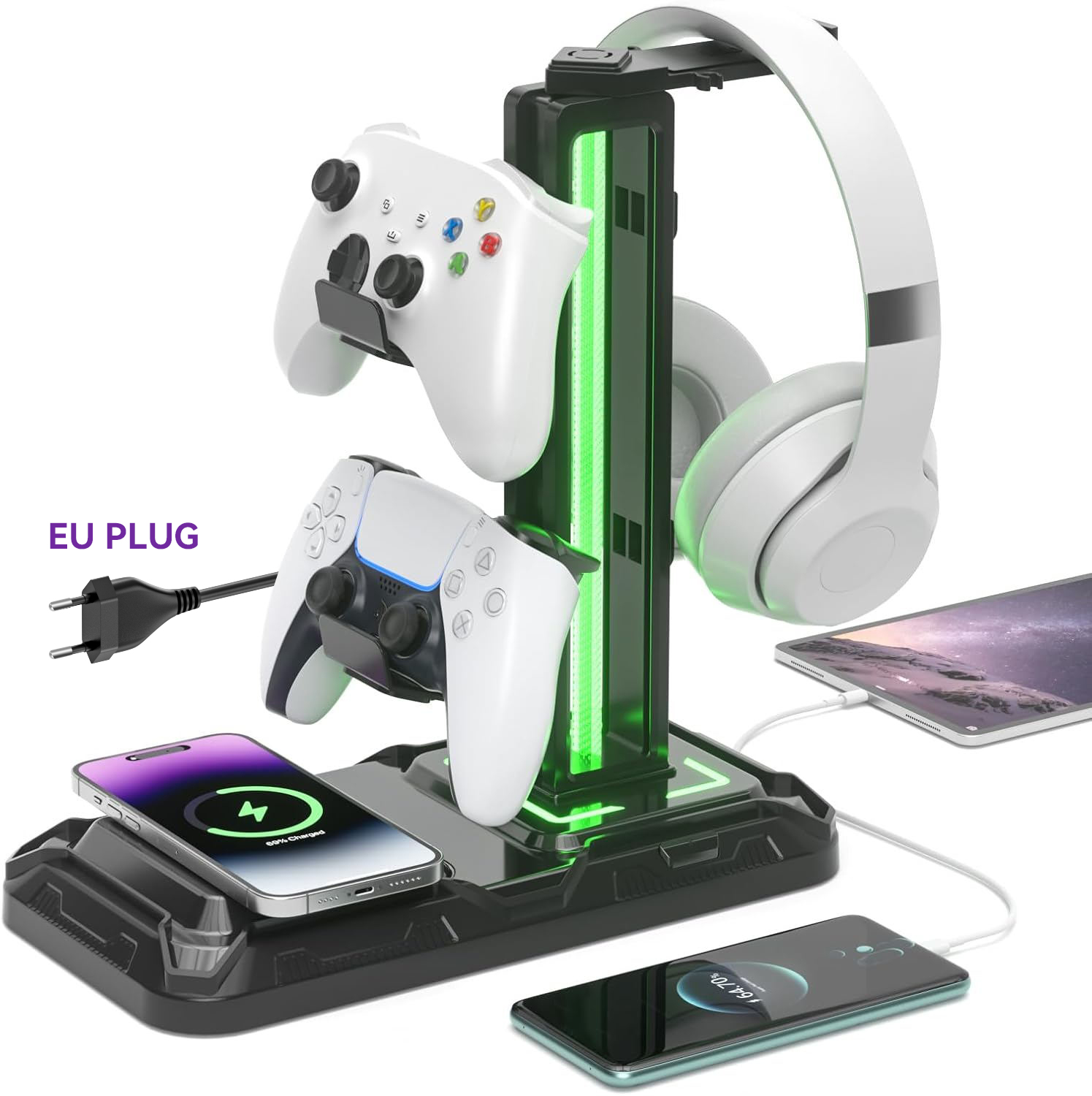 KDD hoofdtelefoon- en controllerstandaard met draadloos opladen Draaibare headsetstandaard met 9-lichtmodus voor gamers Desktopaccessoires