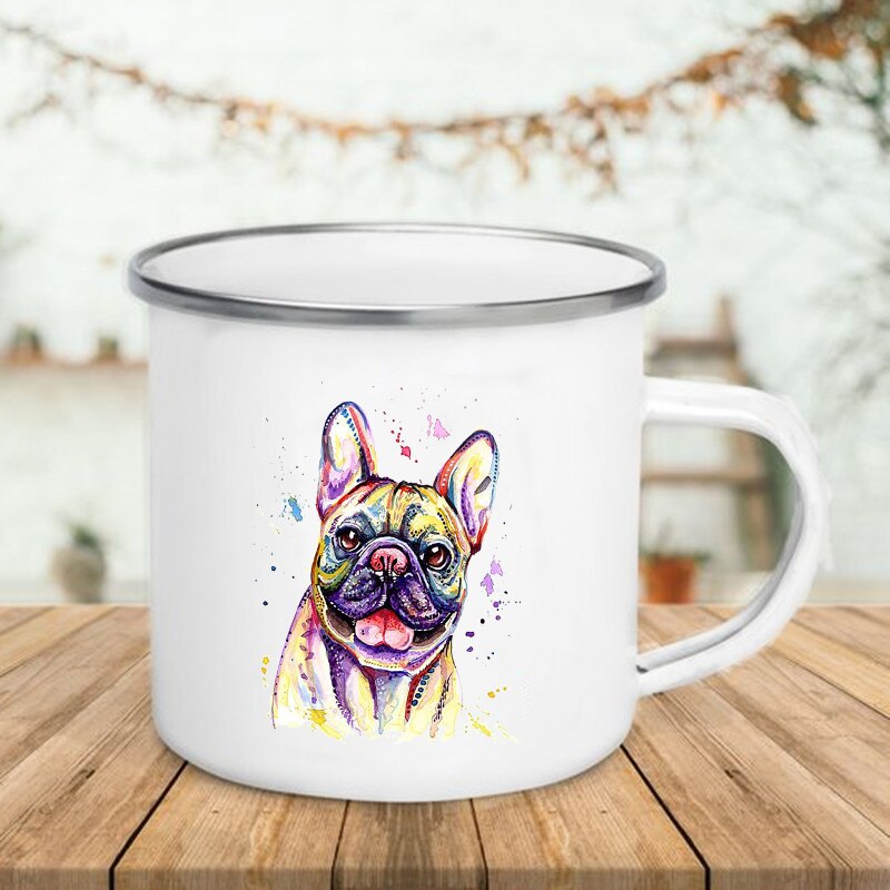 Taza de esmalte con estampado de Bulldog, tazas creativas para café, té, desayuno, leche, Camping, con asa, para amantes de los perros: XH2221-A015WH-8