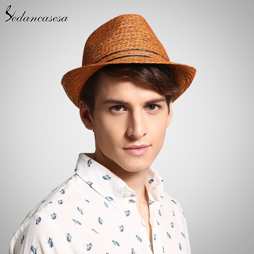Classic men raffia straw hat summer UV protection sun hats for man fedora cap unisex beach cap trilby 57-59cm