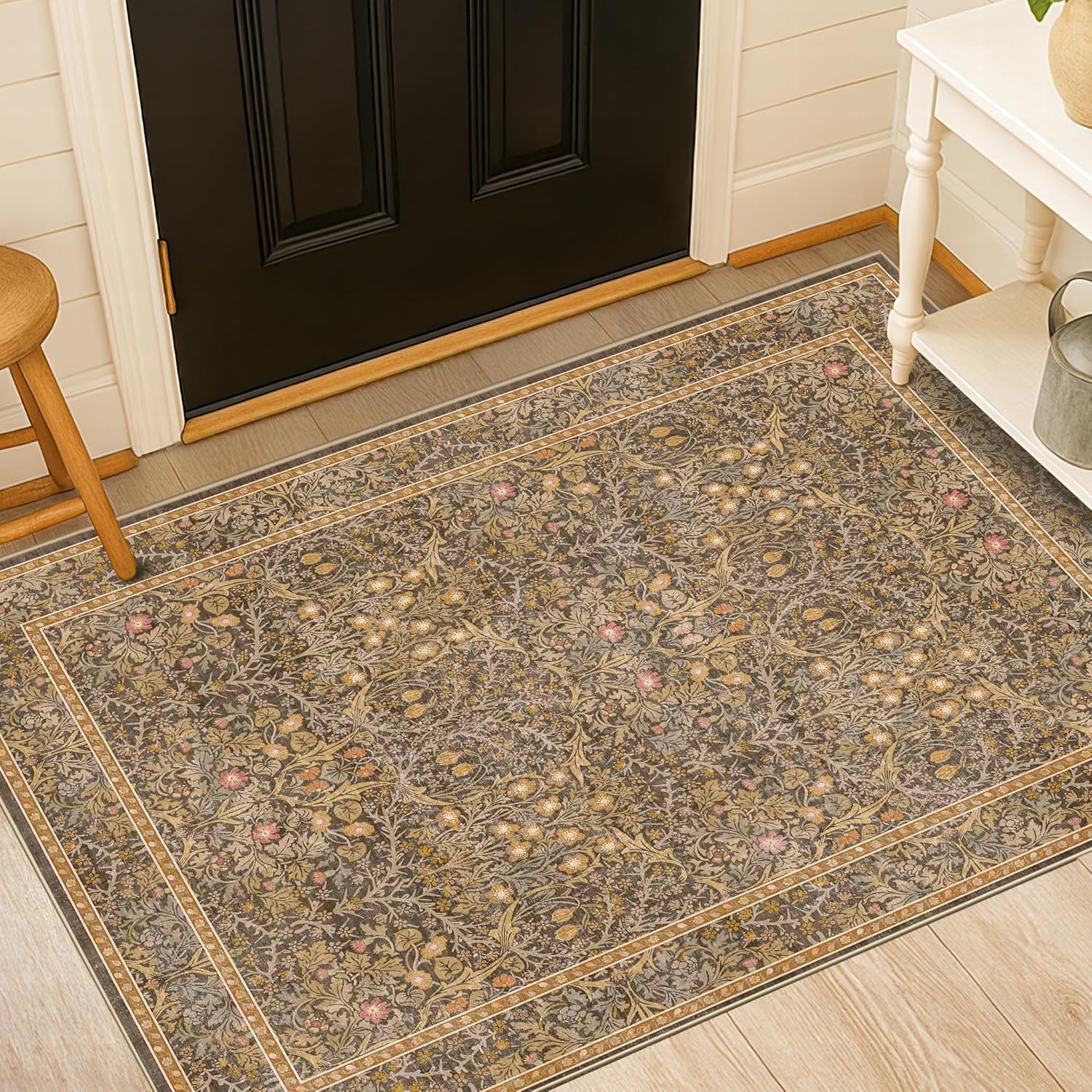 Alfombra de entrada lavable de color verde oscuro, alfombras para puerta delantera, alfombras pequeñas para baño interior, alfombra fina Floral Vintage para decoración bohemia de cocina: 45x70cm / Rojo