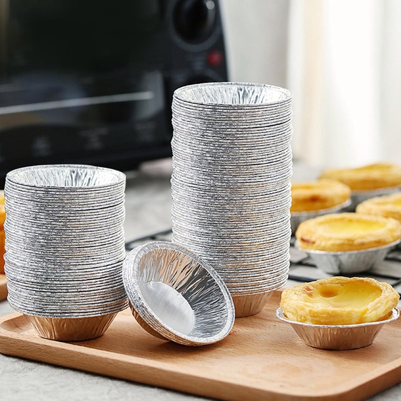 100 Stuks Aluminiumfolie Ei Taart Pan Mallen Wegwerp Baking Cups Ronde Taart Basis Cupcake Case Mini Pot Pie Bakken plaat Tin Lade Set