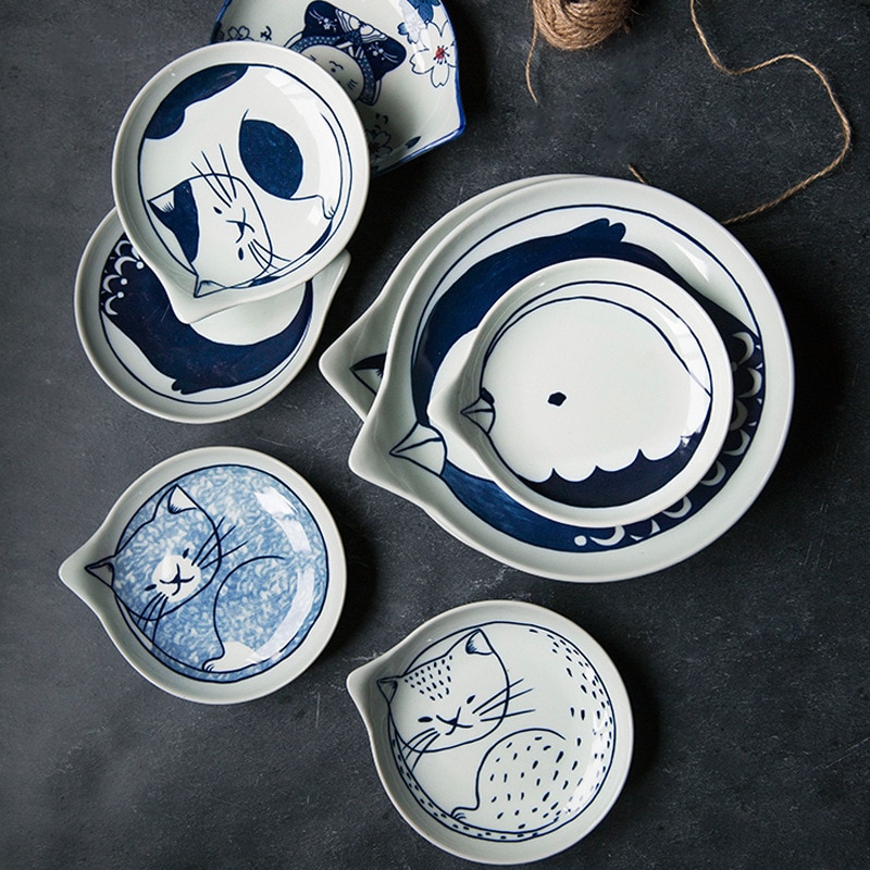 Assiettes en forme de larme en céramique de Style japonais ensembles de vaisselle de fruits dessin animé mignon motif de chat chanceux