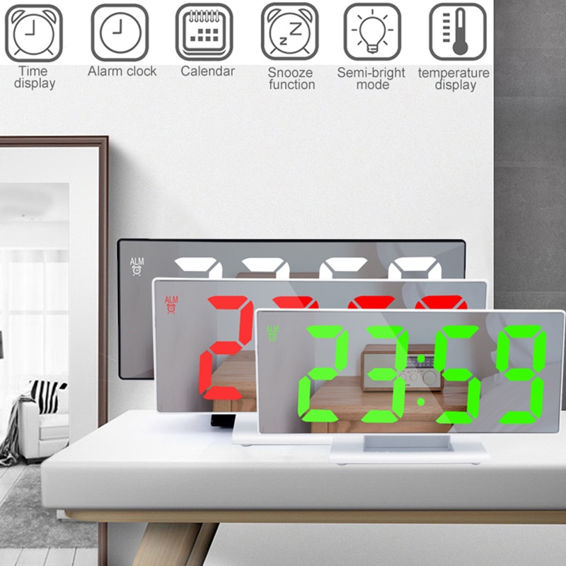 LED Digital Alarm Clock Multifunction Mirror Snooze Display Time Night LCD Table Light Office USB Cable Digital Clock