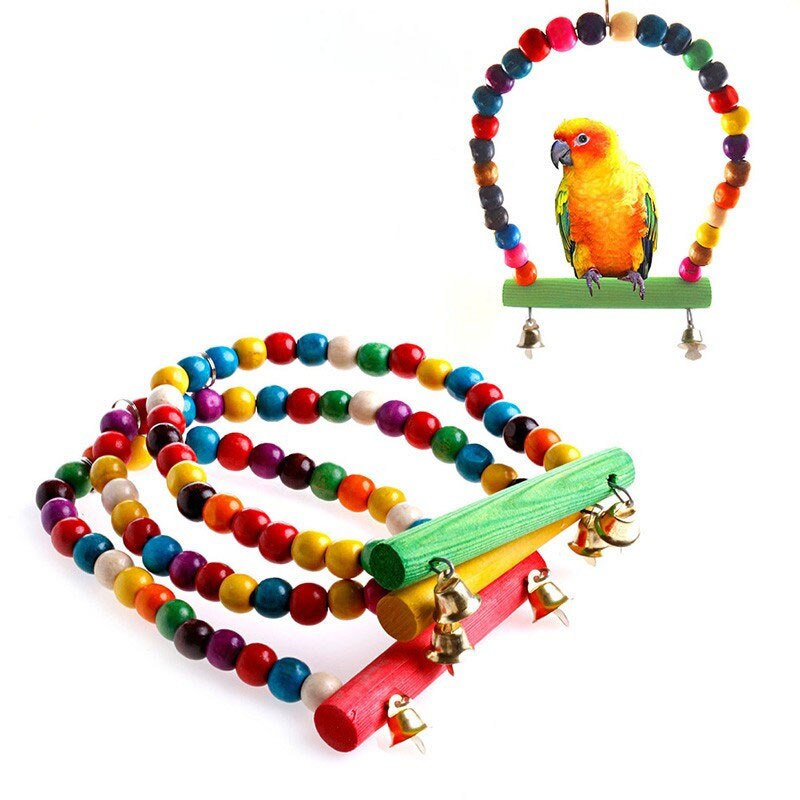 Bird Training Toys Parrot Swing Stand Natural Wooden Bird Cage Accessories Perch Hanging Swing Colorful Beads Bells Pet Supplies