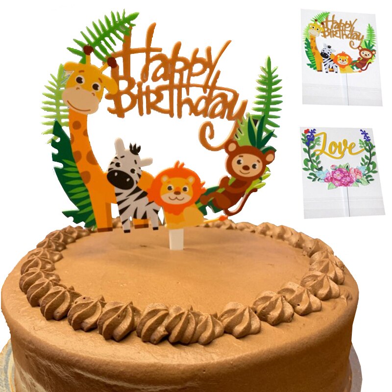 Gelukkige Verjaardag Cake Toppers Leuke Animal Zoo Bos Olifant Leeuw Kid 'S Baby Cake Decoratie Cupcake Desser Decor Bakken Suppies