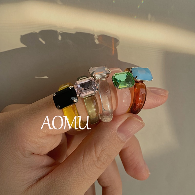 Aomu Kleurrijke Transparant Kristal Ringen Geometrische Geglazuurd Glas Ringen Voor Vrouwen Meisjes Korea Ring Sieraden