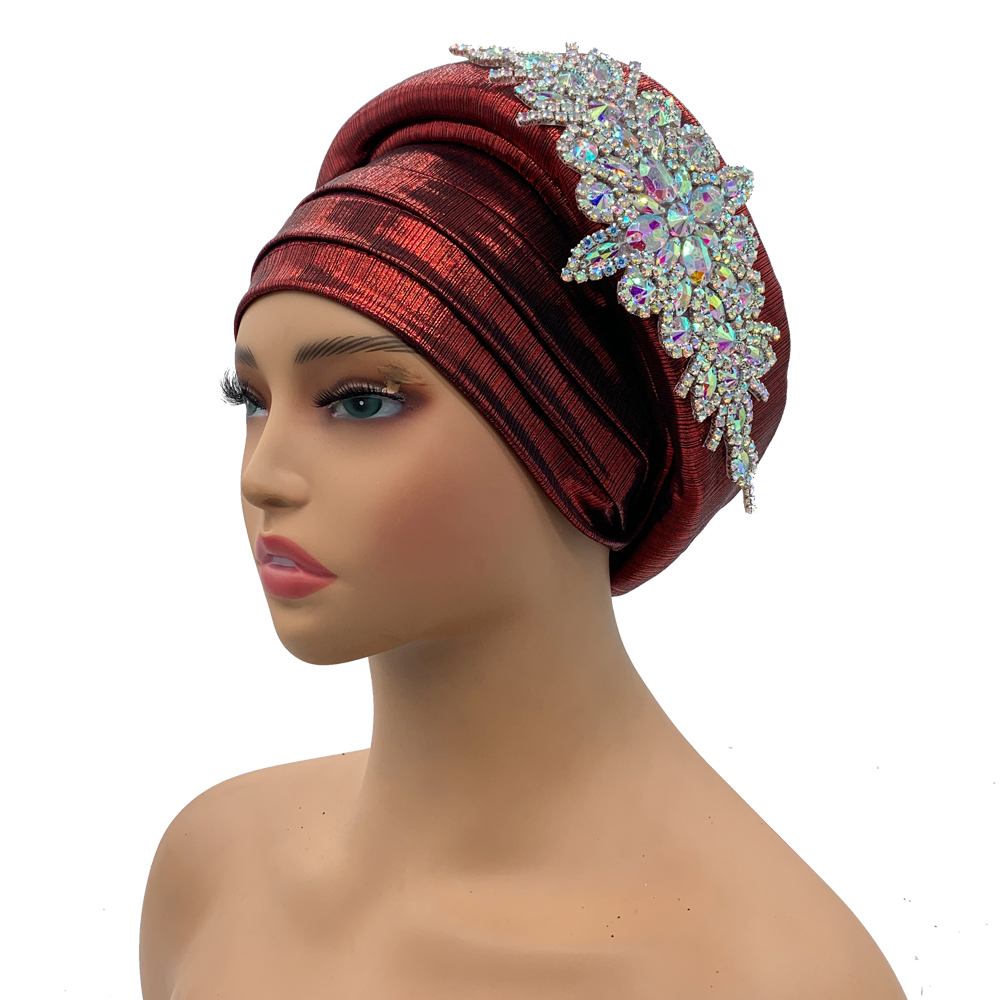 Luxus Strass Turban Hütte für Frauen Afrikanische wickeln Kopf Kopfbedeckung Nigeria Auto Gele Headtie Turbante Mujer: Staubigen Wein