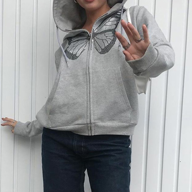 Y2K Oversized Butterfly Graphic Rhinestone Zip Up Hoodies E-girl 90s Streetwear Diamond Grey Long Jacket Autumn Spring