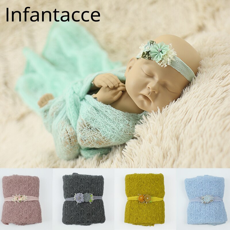 40x150 cm mohair knit Photo elastische Wrap + hoofdband set Pasgeboren Fotografie Props Doek Voor baby Accessoires haarbanden