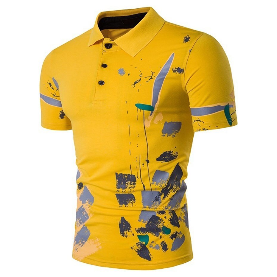 Zogaa Brand Mens Polo Shirt Short Sleeve Casual Graffiti Print Cotton Polo Shirts Male Tops Tees: Yellow / XXL