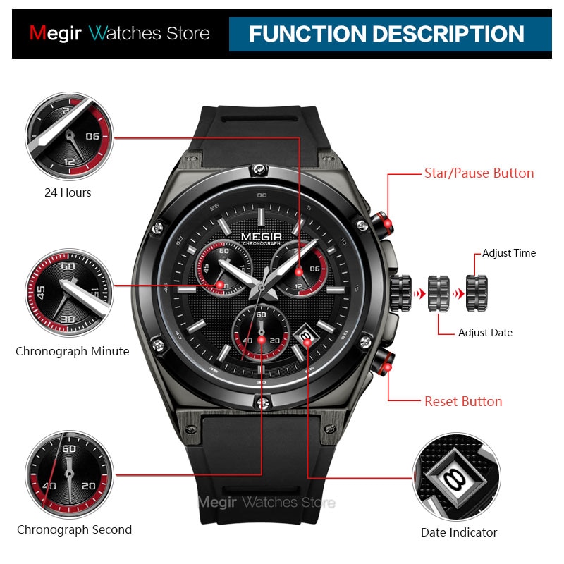 Megir Mannen Zwarte Siliconen Sport Quartz Horloges Lichtgevende Relojios Relojes Waterdicht Chronograaf Klok Montres Q2073G-BK-1