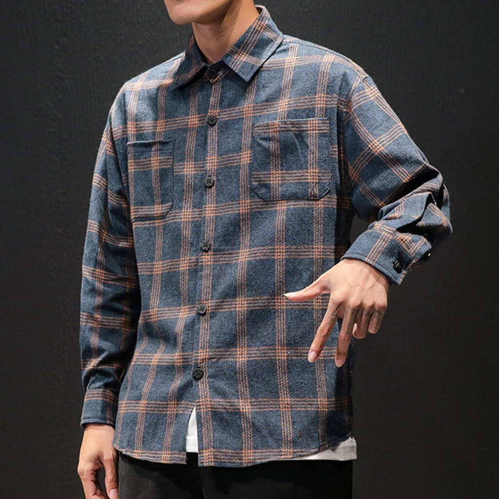 Herr rutiga skjortor i stil man blå brun rutiga långärmade skjortor herr oversized topp skjorta plus size bekväma