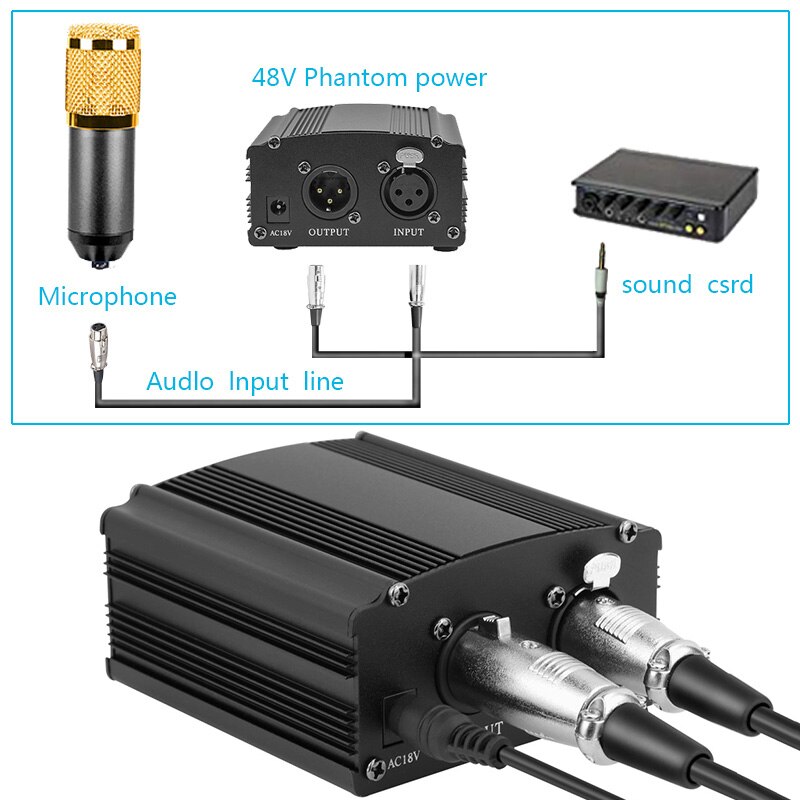 Alimentation fantôme 48V avec adaptateur, en Bonus + XLR, câble de Microphone à 3 broches pour tout Microphone à condensateur, équipement d'enregistrement de musique