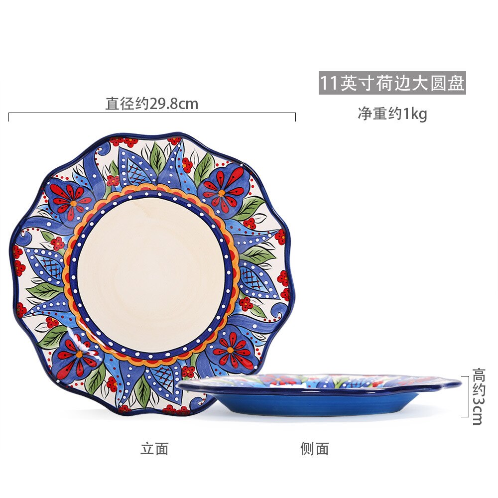 European Ceramic Tableware Set A Hand-painted Large Western Steak with A Side Plate and A Square Plate of Cutlery: C 29.8x29.8x3cm