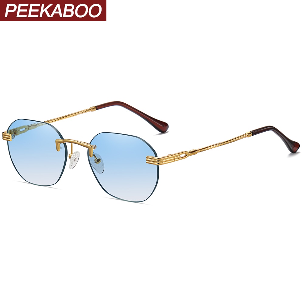 Peekaboo brown frameless gold metal ladies sunglasses rimless gradient lens blue sun glasses for men uv400 summer