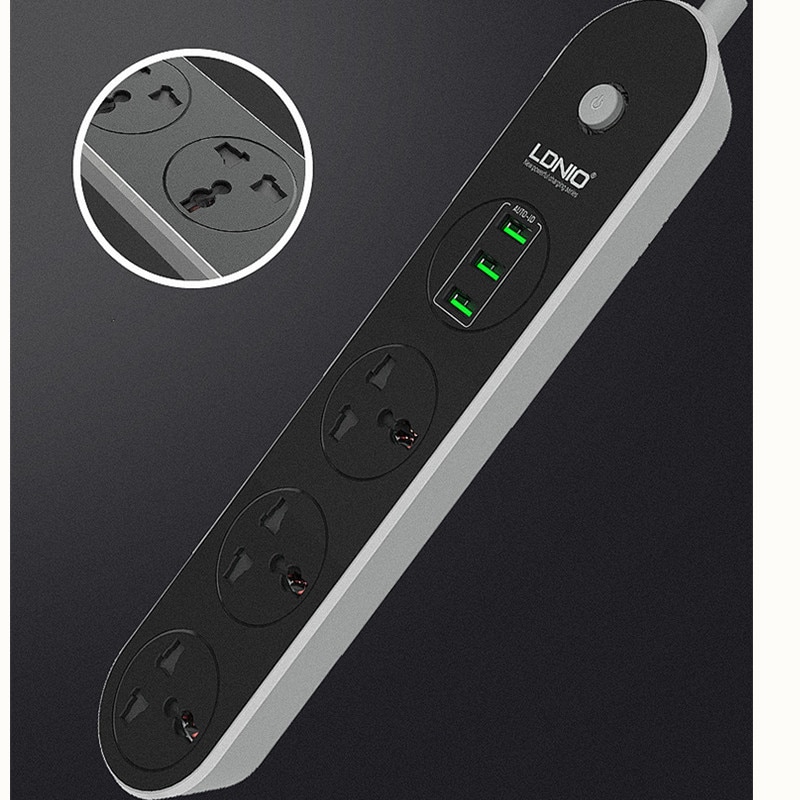 Ldnio smart usb stikkontakt eu/uk plugg 3 uttak 3 havn usb lader 1.5m strømledning vegglader adapter til telefon hjemme