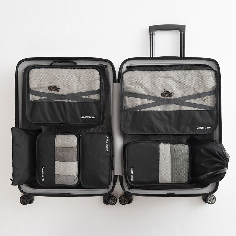 7 teile/satz Reise Organizer Würfel Kompression Beutel Wasserdicht Gittergewebe Langlebig Gepäck Veranstalter Verpackung Würfel Mit Schuh machen-hoch Tasche: Schwarz