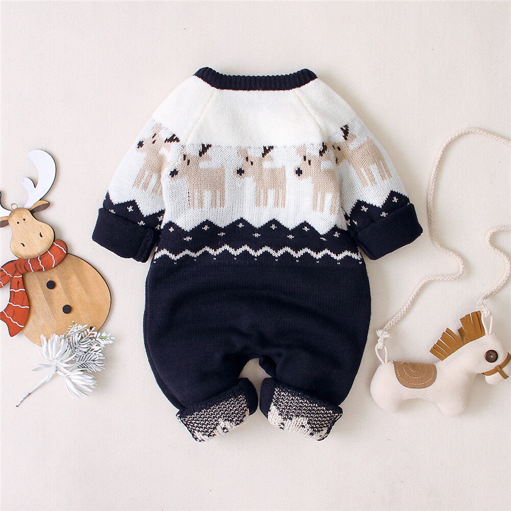 FOCUSNORM Infant Baby Girls Boys Christmas Romper Long Sleeve Elk Pattern Printed Knit Warm Jumpsuit