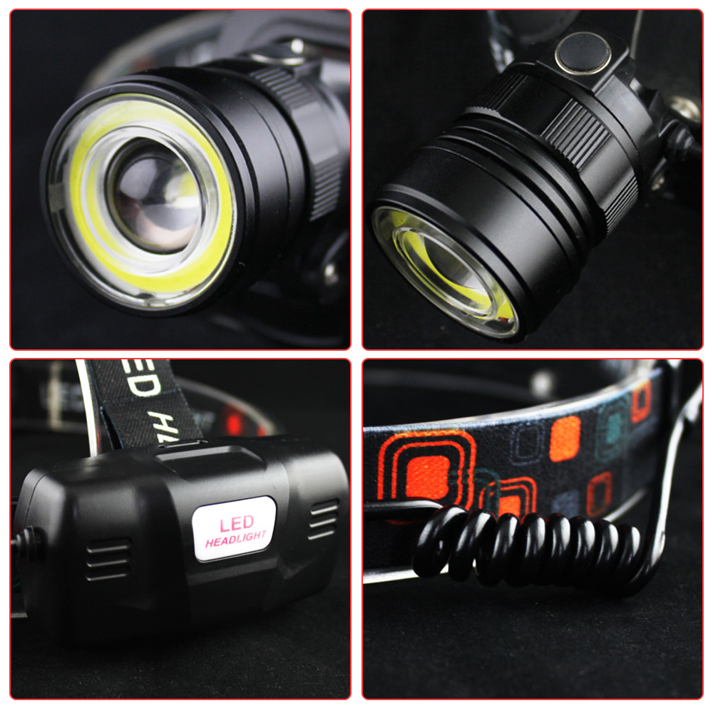 BORUiT-linterna frontal LED COB potente con zoom, recargable por USB, resistente al agua, para acampar, linterna de pesca