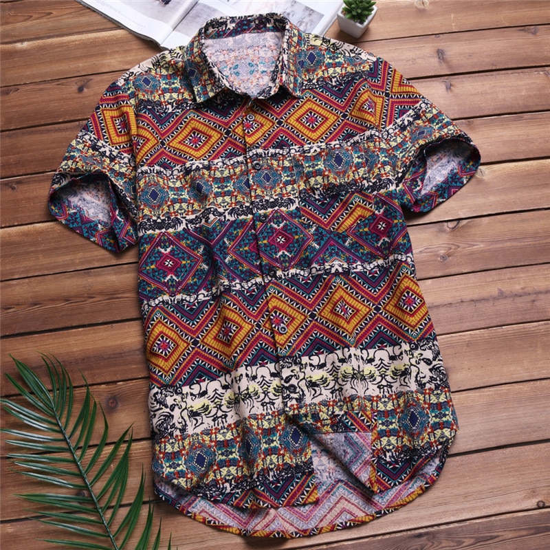 camisas para hombres de manga corta con bolsillo impreso blusa Casual colorida camisa étnica hawaiana Tops de verano camisa de hombre de talla grande 5XL: Colorful / XXXL