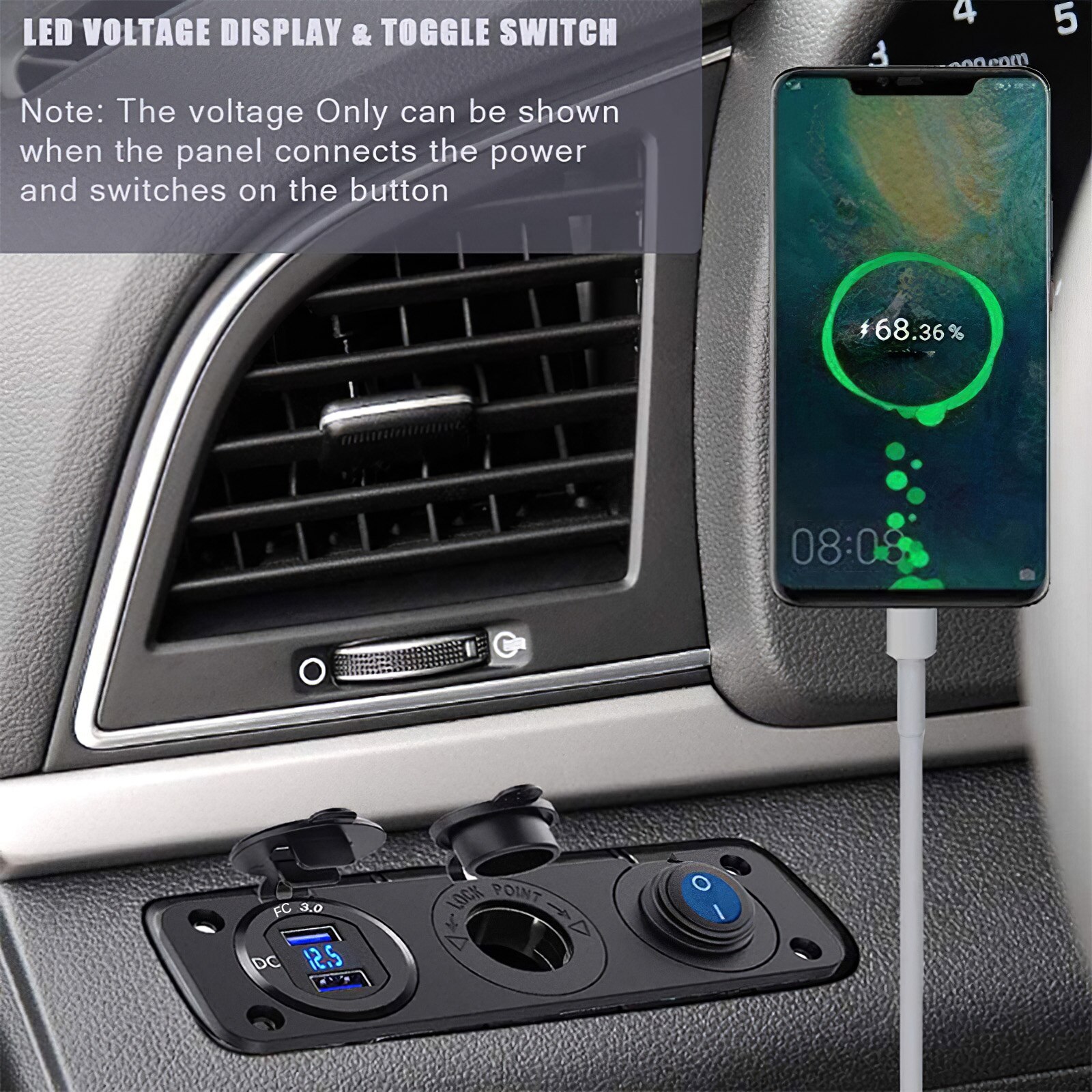 Panel Power Socket Led Display Charger Socket Waterproof Car Dual Usb QC3.0 Fast Charger Socket Cigarette Lighter Socket