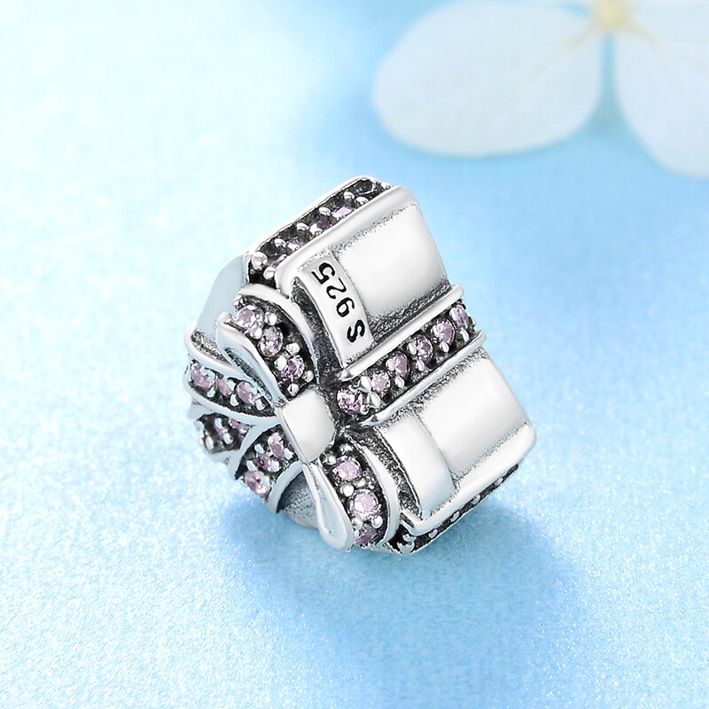 925 Sterling Silver Cute heart shaped pink zircon bow beads Fit Original European Charm Bracelet Jewelry making