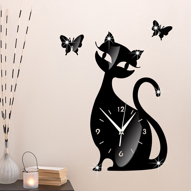 Acrylic Mirror Wall Clock Cartoon Cat Pointer Clock Watch Office Living Room Wall Mounted Clocks Decoration часы настенные