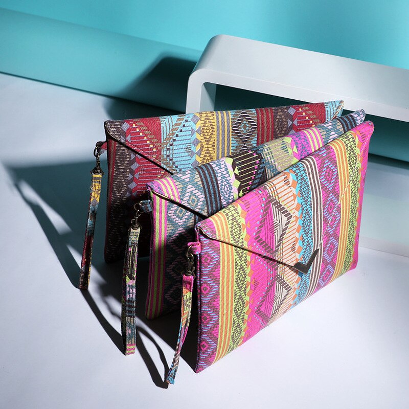 Moda Retro Mulheres Embreagem Saco Envelope Vento Étnico Padrão Geométrico Menina Sacos de Mão do Bolso Da Lona Sacola Saco Do Mensageiro IPad Rosa