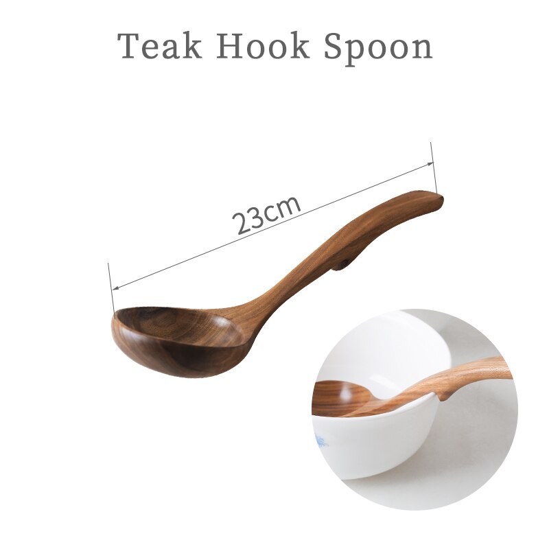 Teak Wood Long Spoon Hook Tablespoon Kitchen Wooden Soup Spoon: M 23cm