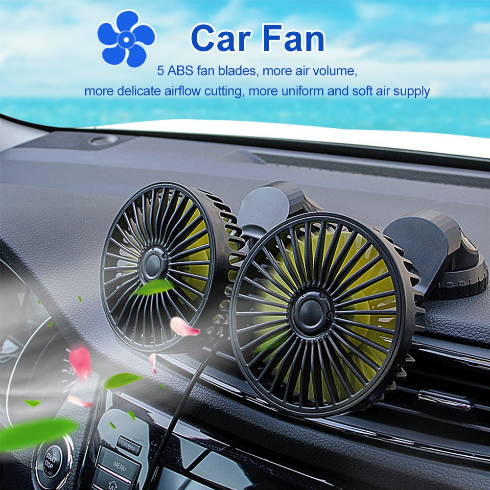 Ventilación automática rotación verano bajo ruido salida de aire doble cabeza ventilador de coche Puerto USB