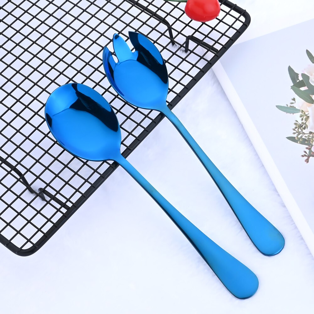 Blue Salad Spoon Fork Serving Spoon Set 2PCS Salad Spoon Stainless Steel Cutlery Set Spklifey Mirror Colorful Unique Spoons