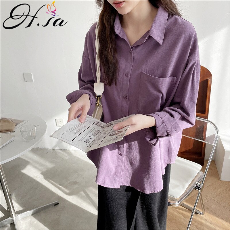 HSA Women Pure Cotton Blouses Trun Down Collar Solid Color Oversized Pocket Blusa Female Shirts Blue Spring Blusas: MYL8308 Purple